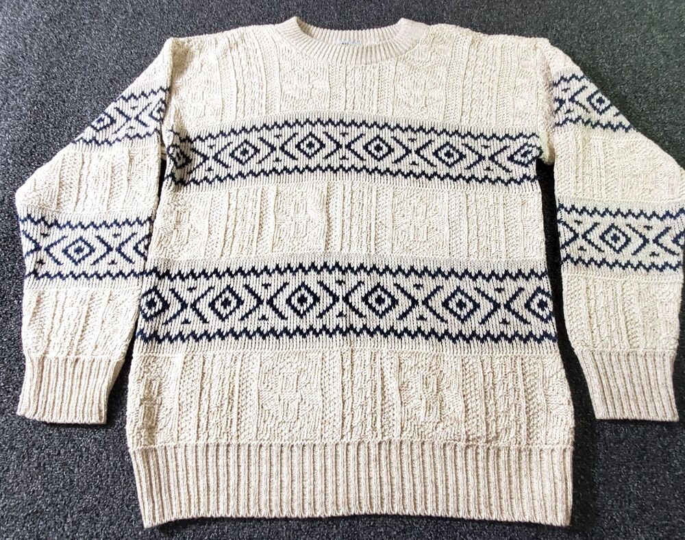 Vtg Ruffian Chunky Knit Sweater Men's Large Cream & Beige USA Cotton Fisherman